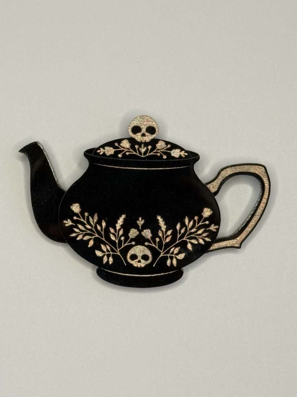 Fractured Lace Teapot Brooch Skull Floral Black Acrylic Pin